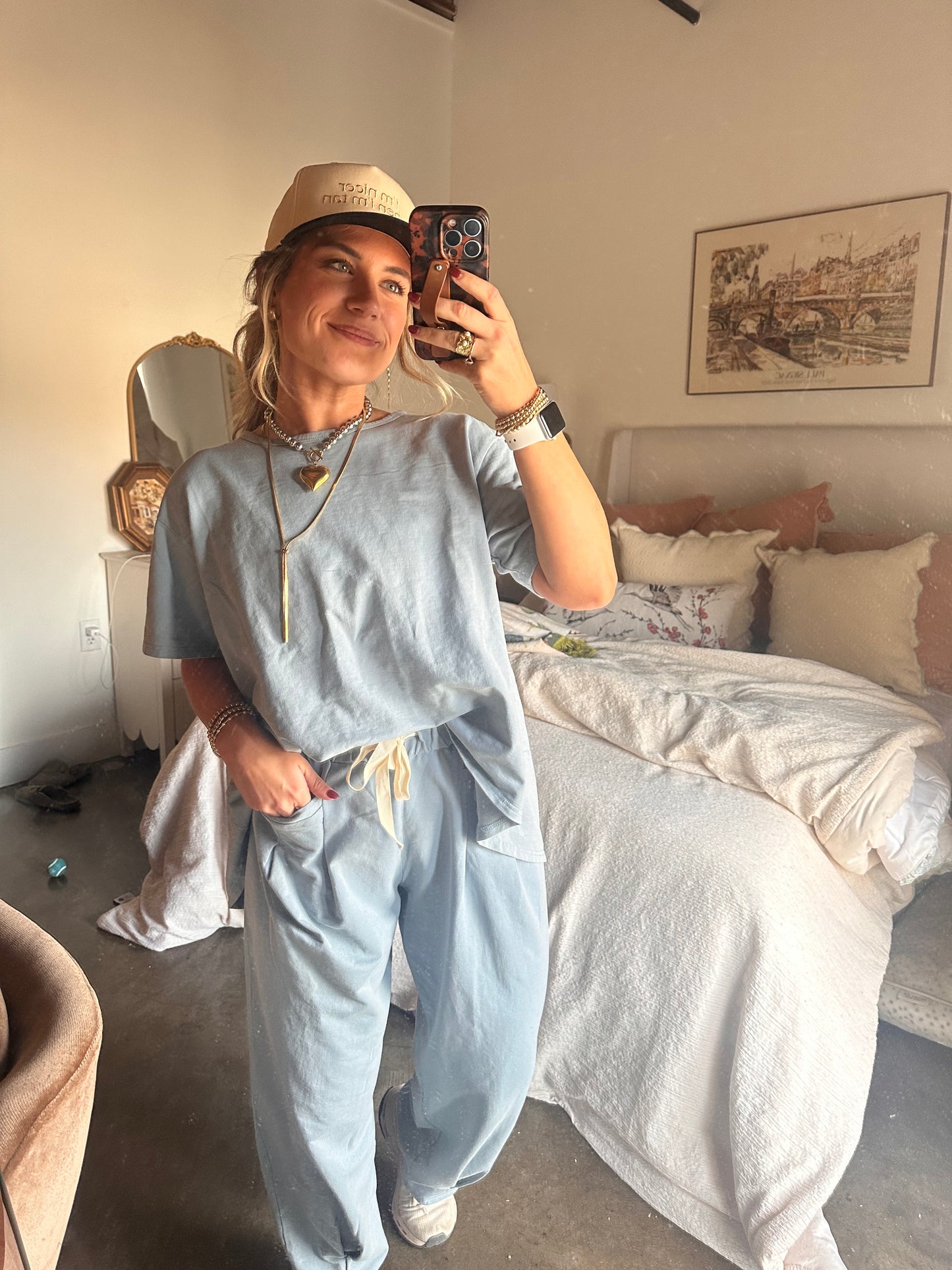 Sky Short Sleeve Pleat Top Pant Set