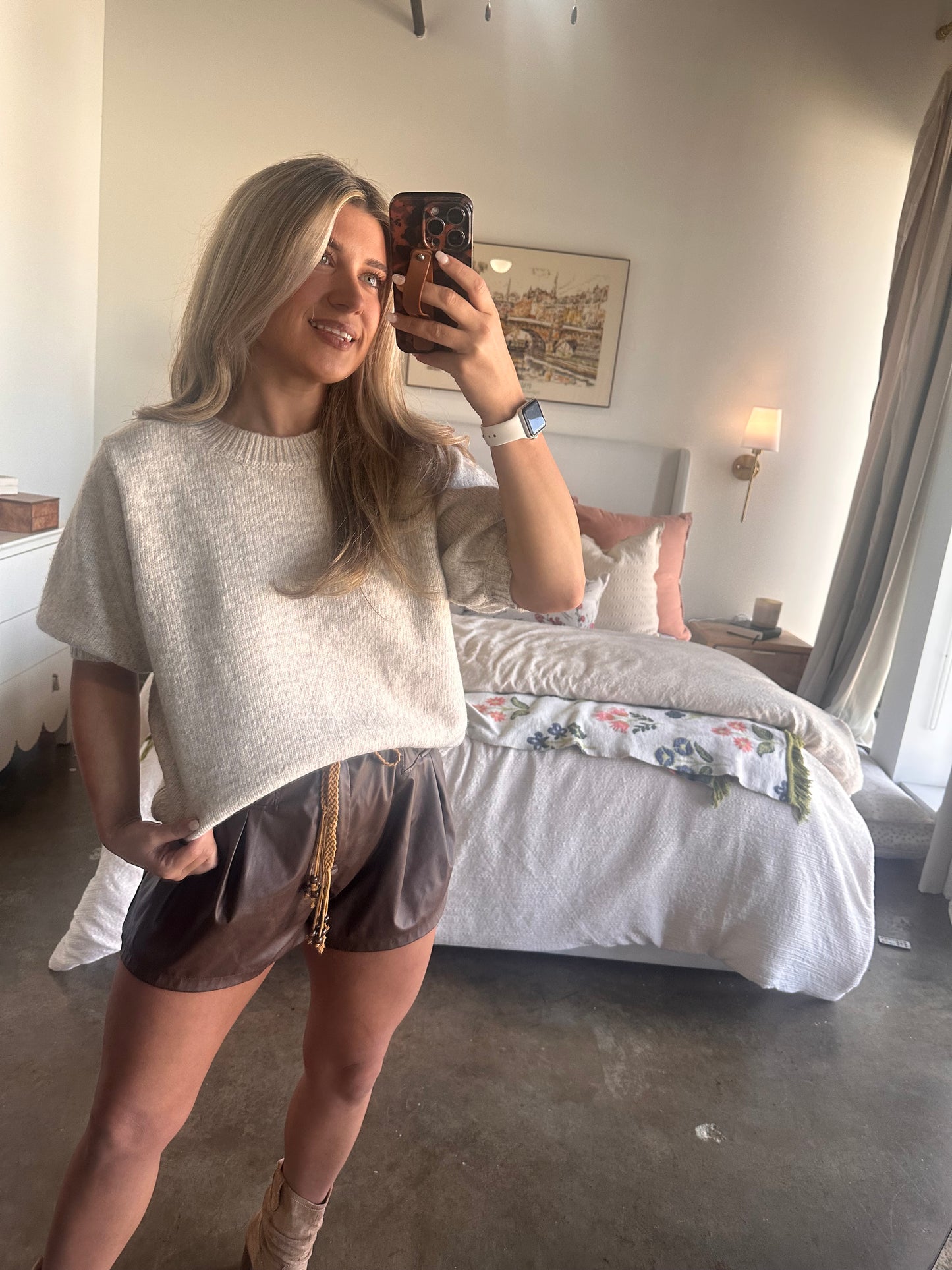 Puff Sleeve Round Neck Short Sleeve Sweater