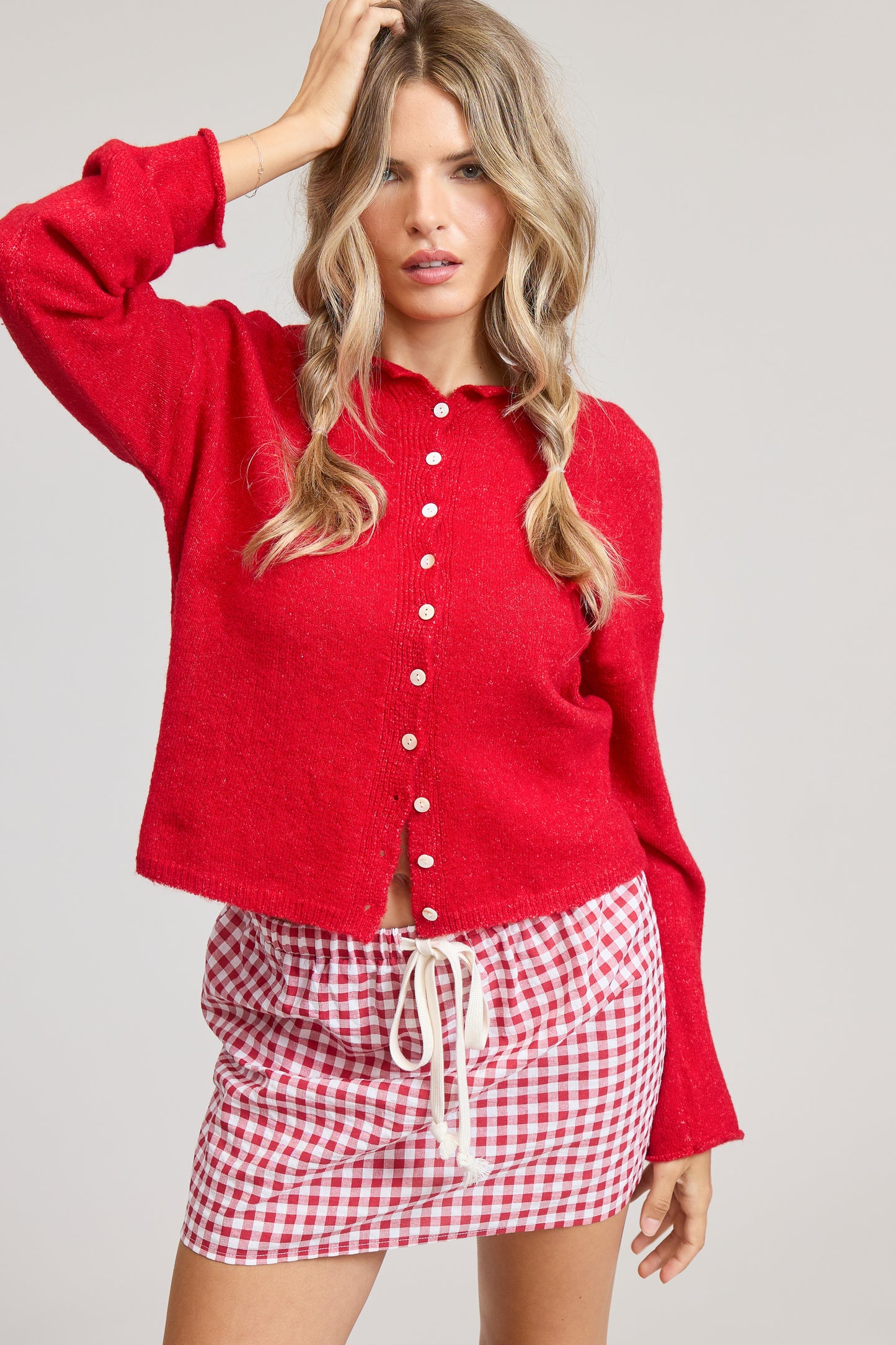 Monroe Button Down Knit Cardigan- Red