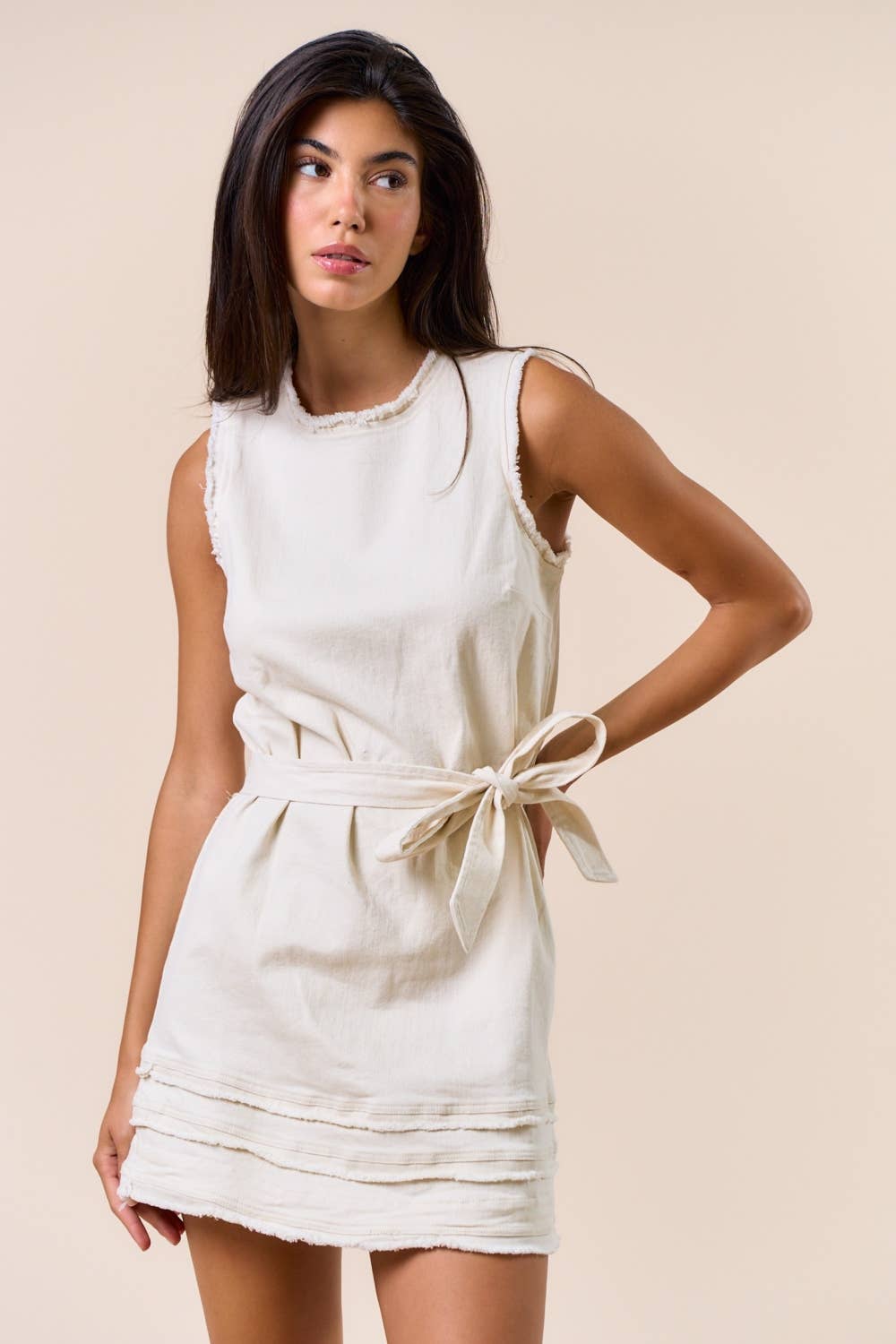 ILD4950 Frayed Trim Sleeveless Mini Dress: CREAM / S