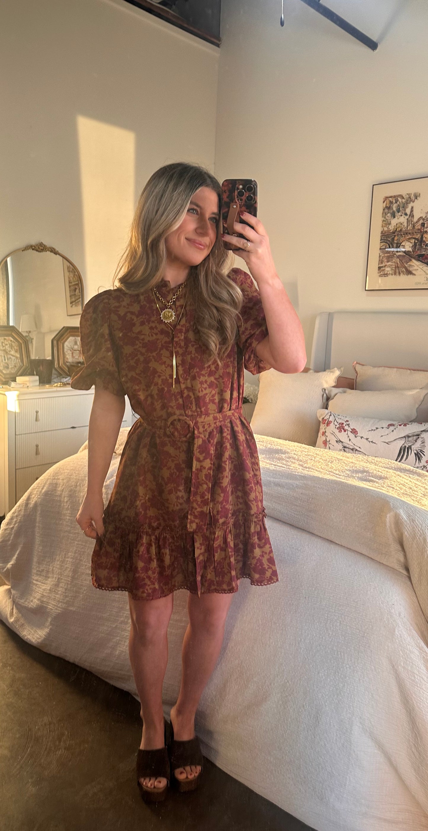 Autumn Leaves Printed Puff Sleeve With Matching Belt Mini Dress