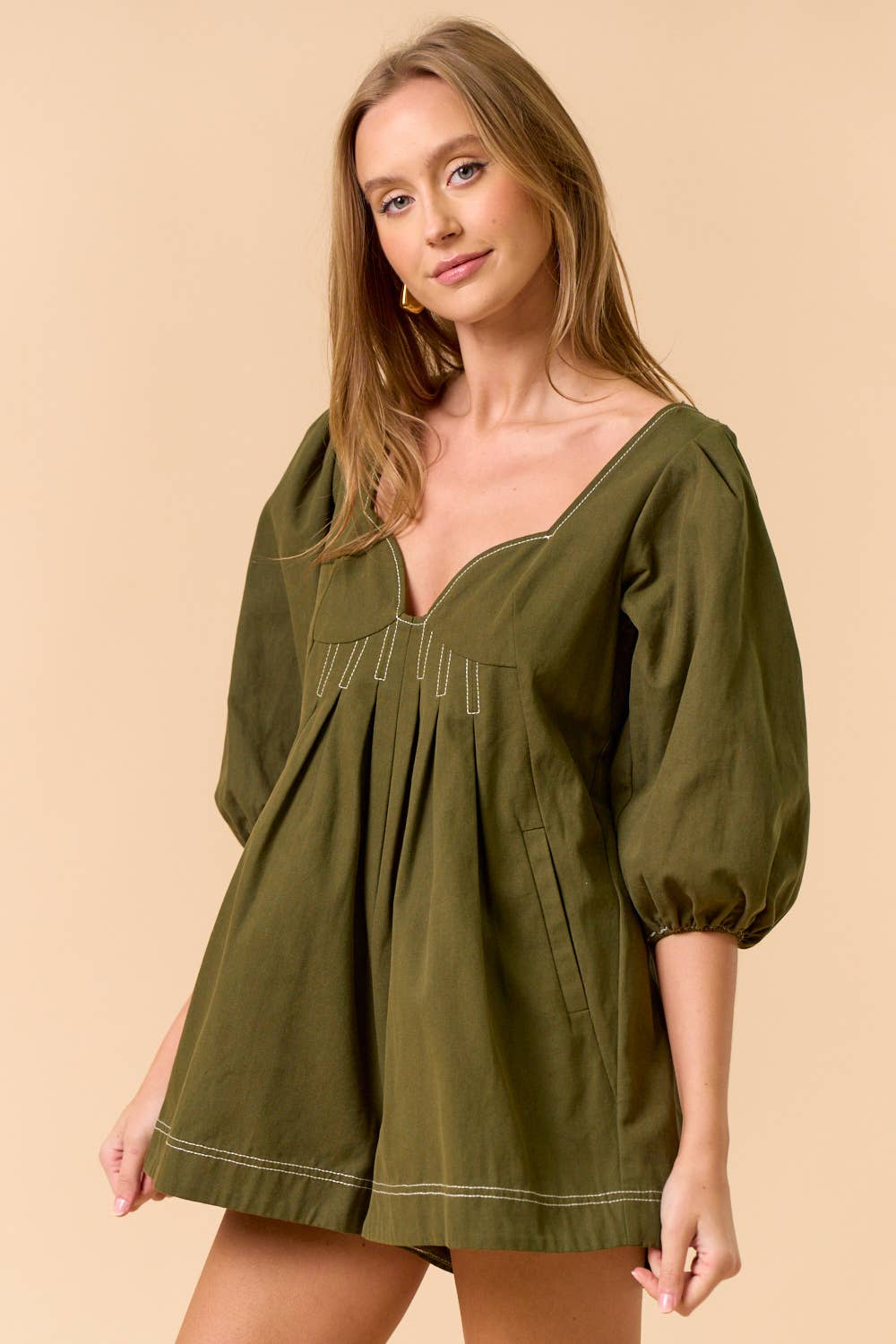 ILR5625 PUFF SLEEVE ROMPER: OLIVE / M