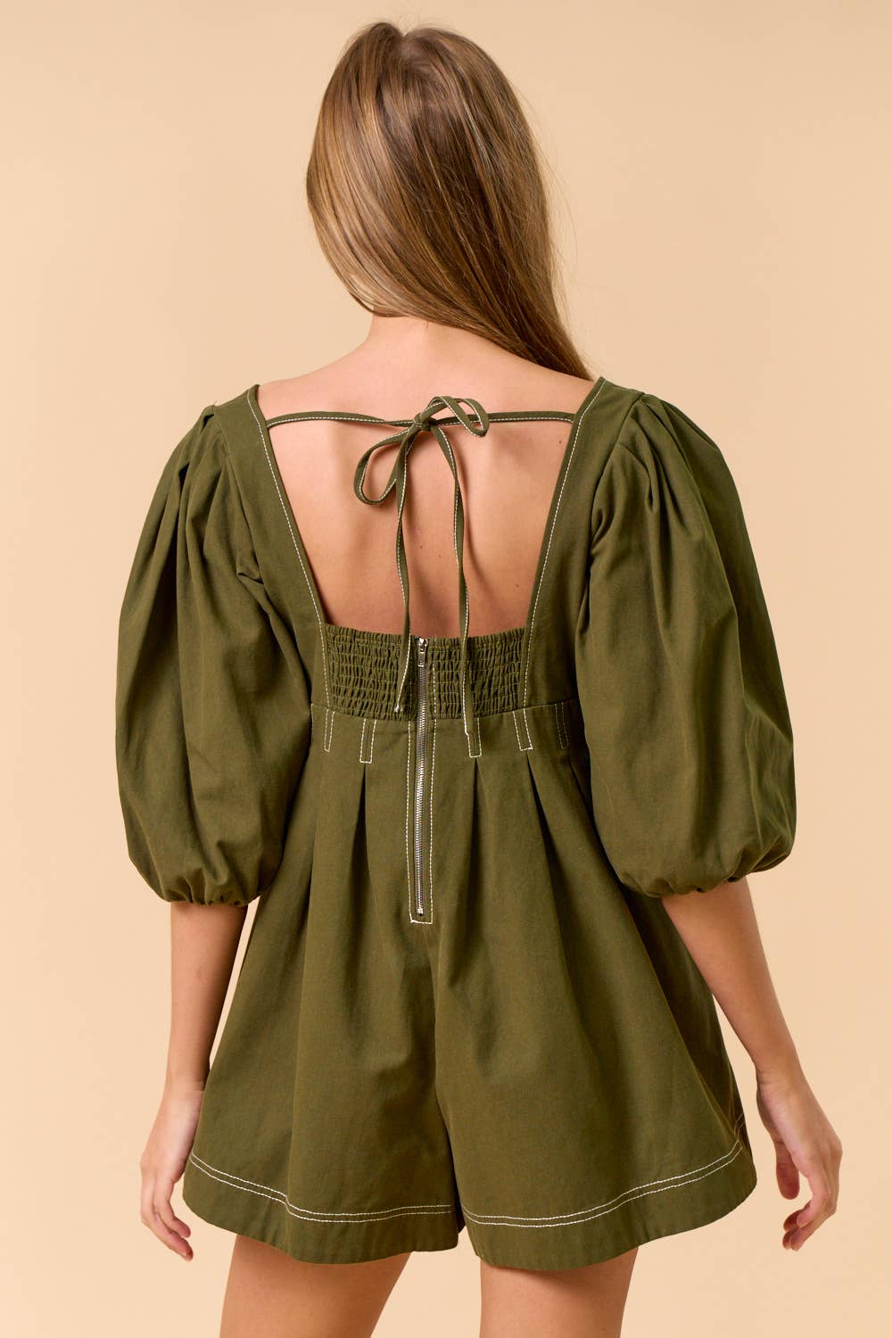 ILR5625 PUFF SLEEVE ROMPER: OLIVE / L