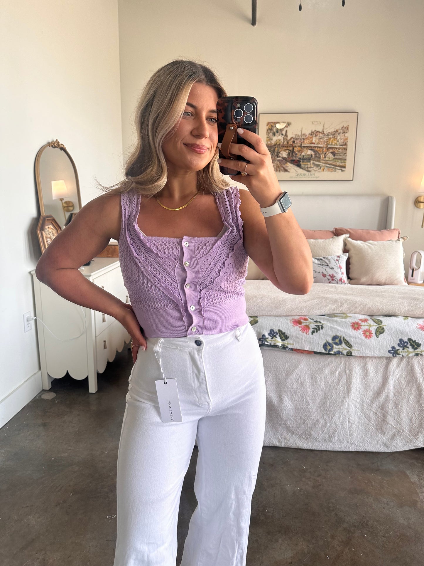 Bella Button Up Lace V Neckline Tank Top