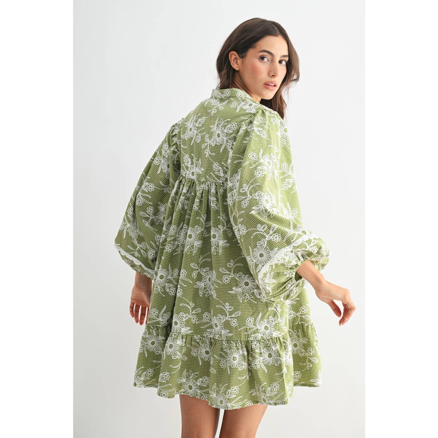 EMBROIDERED DRESS WITH BALLOON SLEEVES: MOSS GREEN/CREAM / S-M-L(3-2-1)