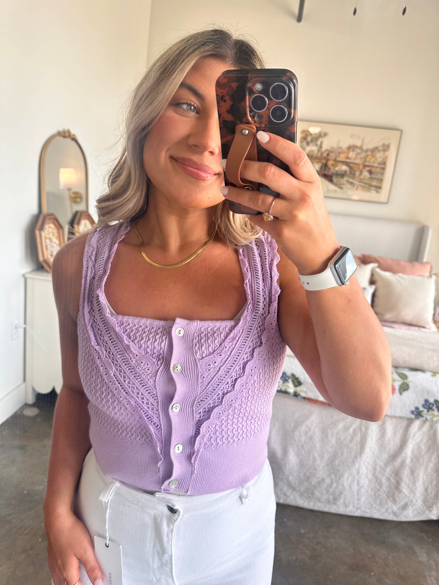 Bella Button Up Lace V Neckline Tank Top