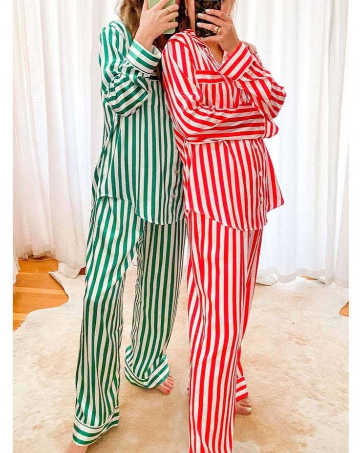 Home Satin Vertical Striped Christmas Pajama Set: Green / L