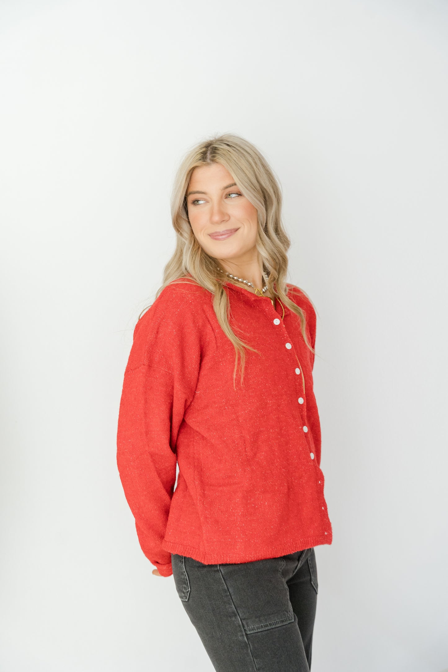 Monroe Button Down Knit Cardigan- Red