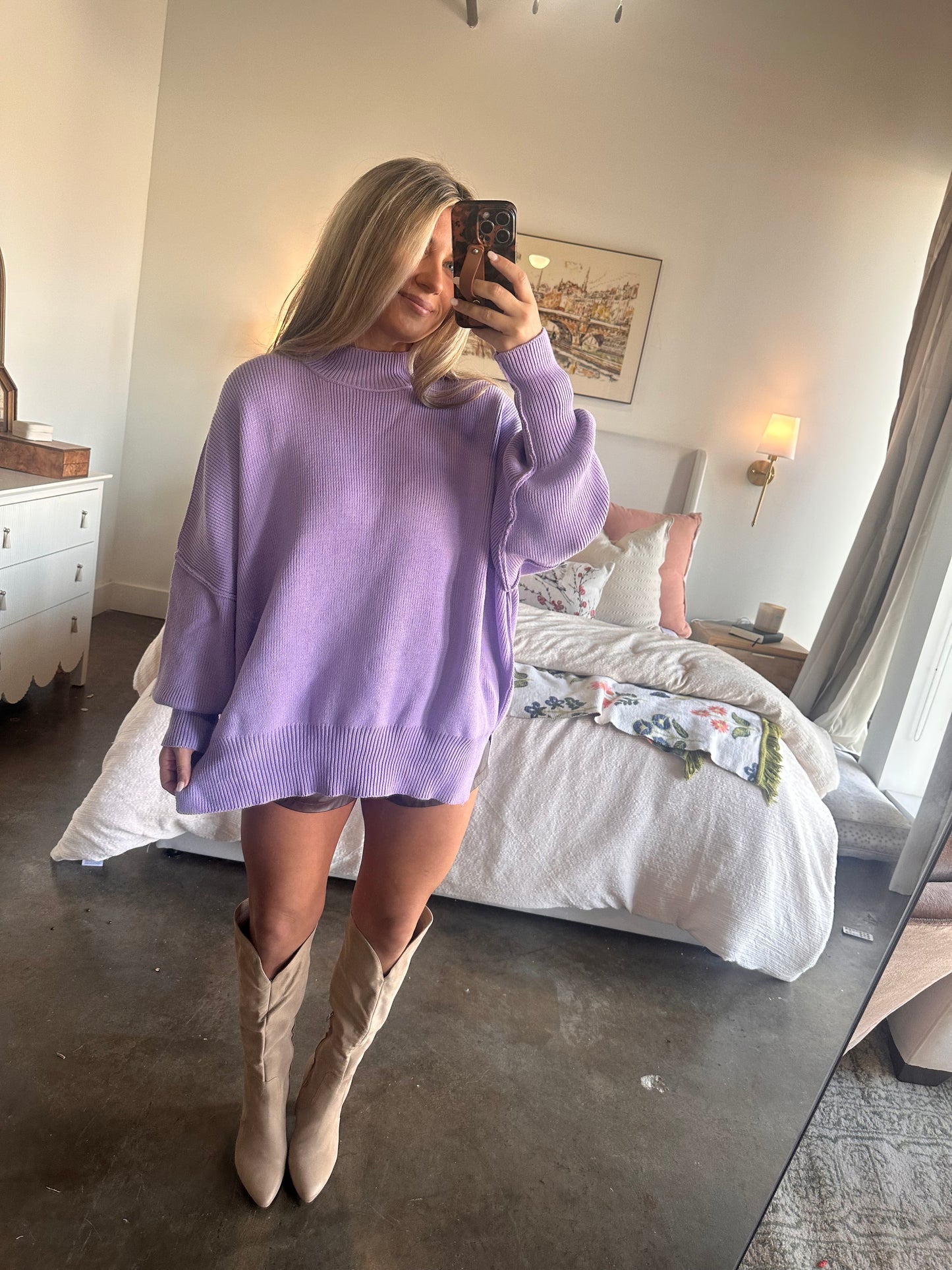 Lavender Side Slit Oversized MockNeck Sweater
