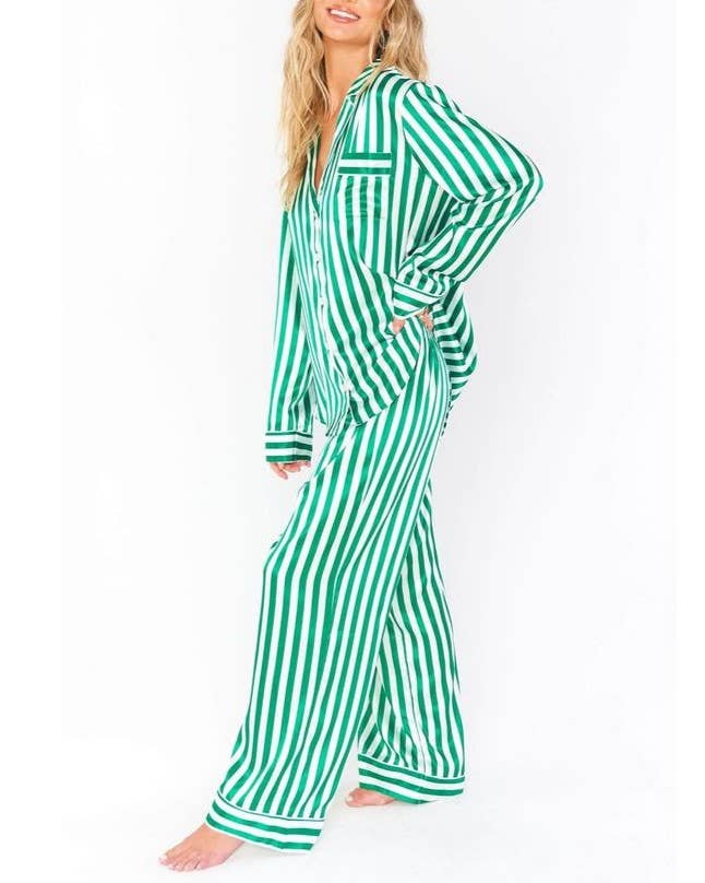 Home Satin Vertical Striped Christmas Pajama Set: Green / XL
