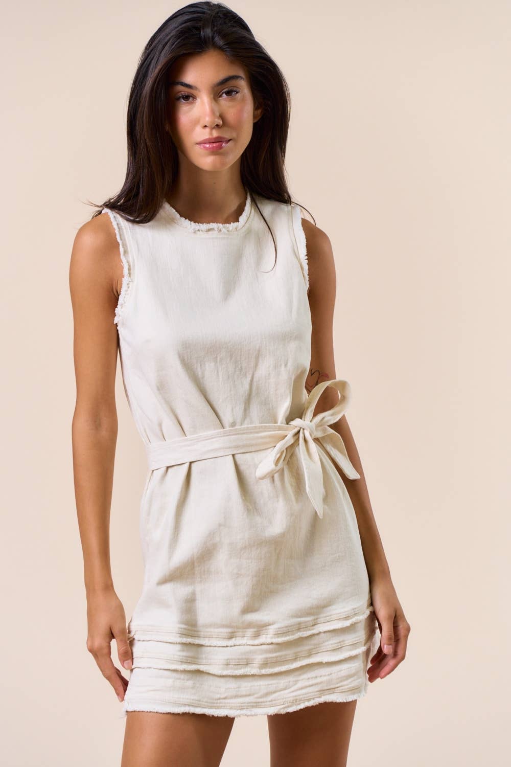 ILD4950 Frayed Trim Sleeveless Mini Dress: CREAM / L