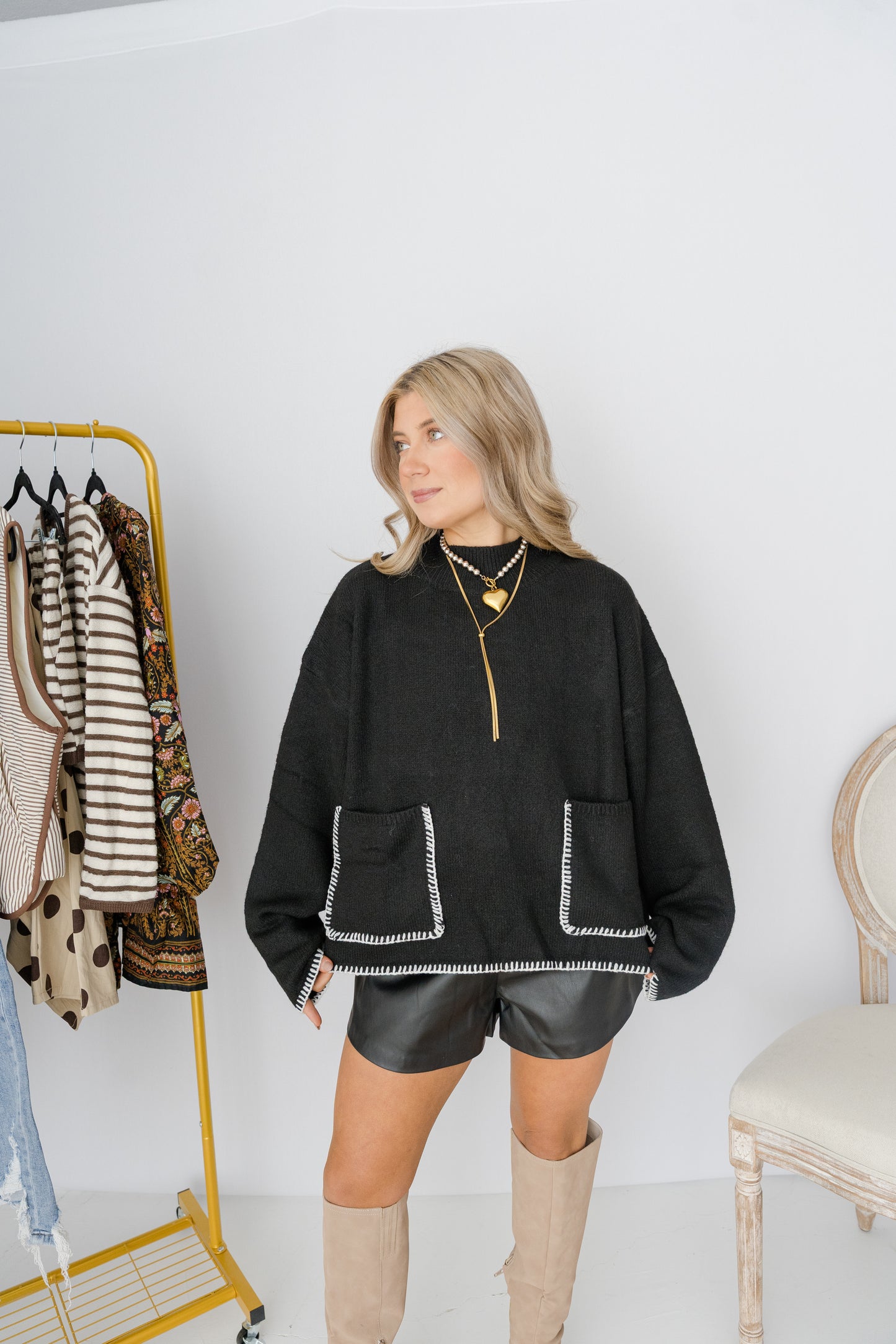 Audrey Contrast Knit Sweater - Black