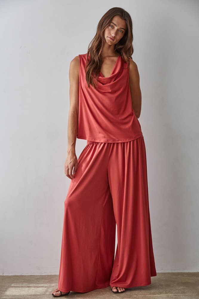 L9178T | Knit Polyester Spandex Sleeveless Cowl Neck Top: Dusty Red / S
