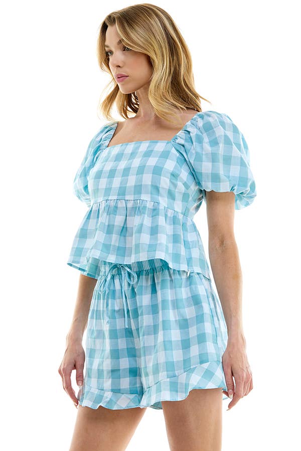 GINGHAM PUFF SLEEVE PEPLUM TOP: S