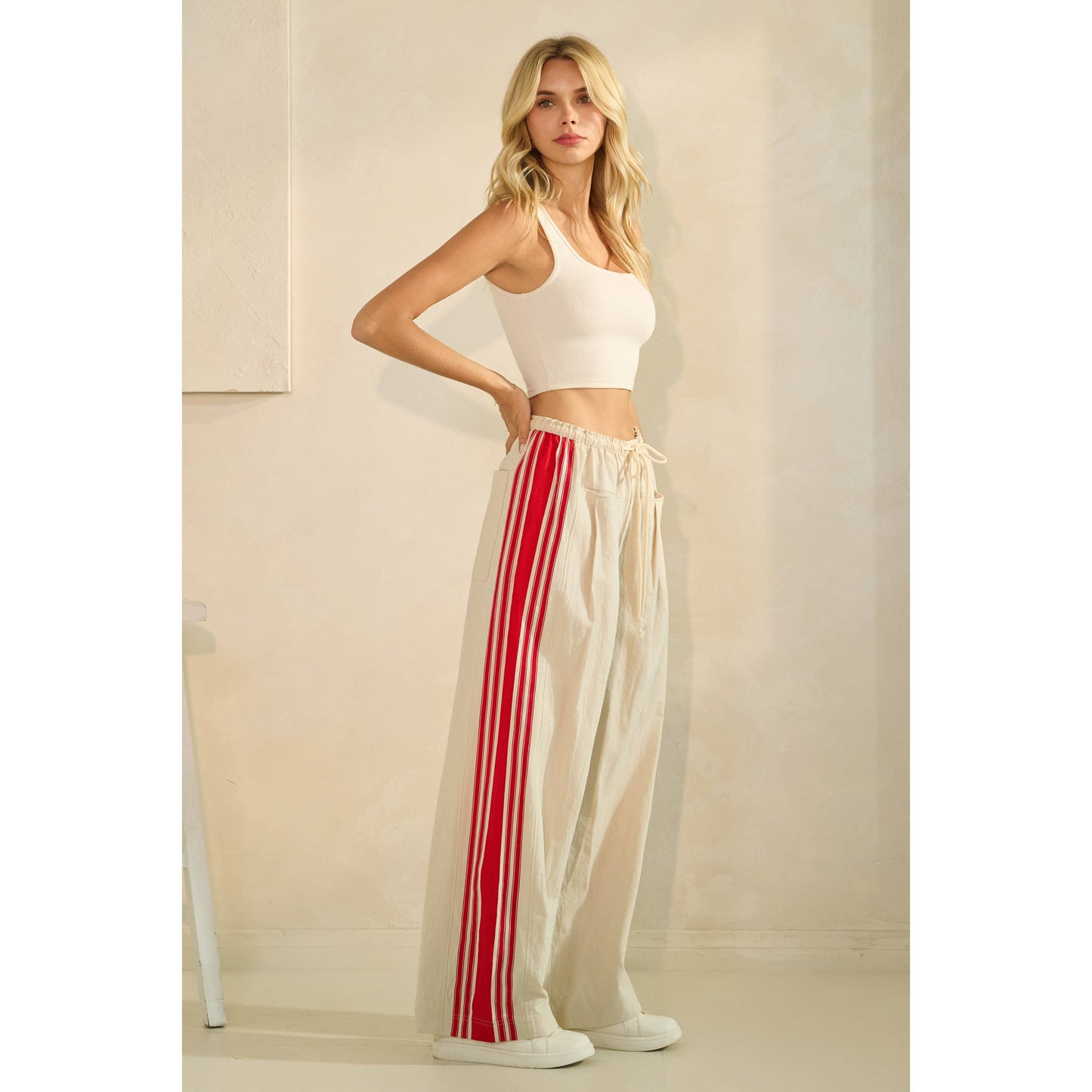 Sport Striped Wide Legged Pants: Ivory / S