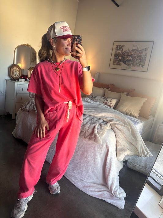 Berry Short Sleeve Pleat Top Pant Set