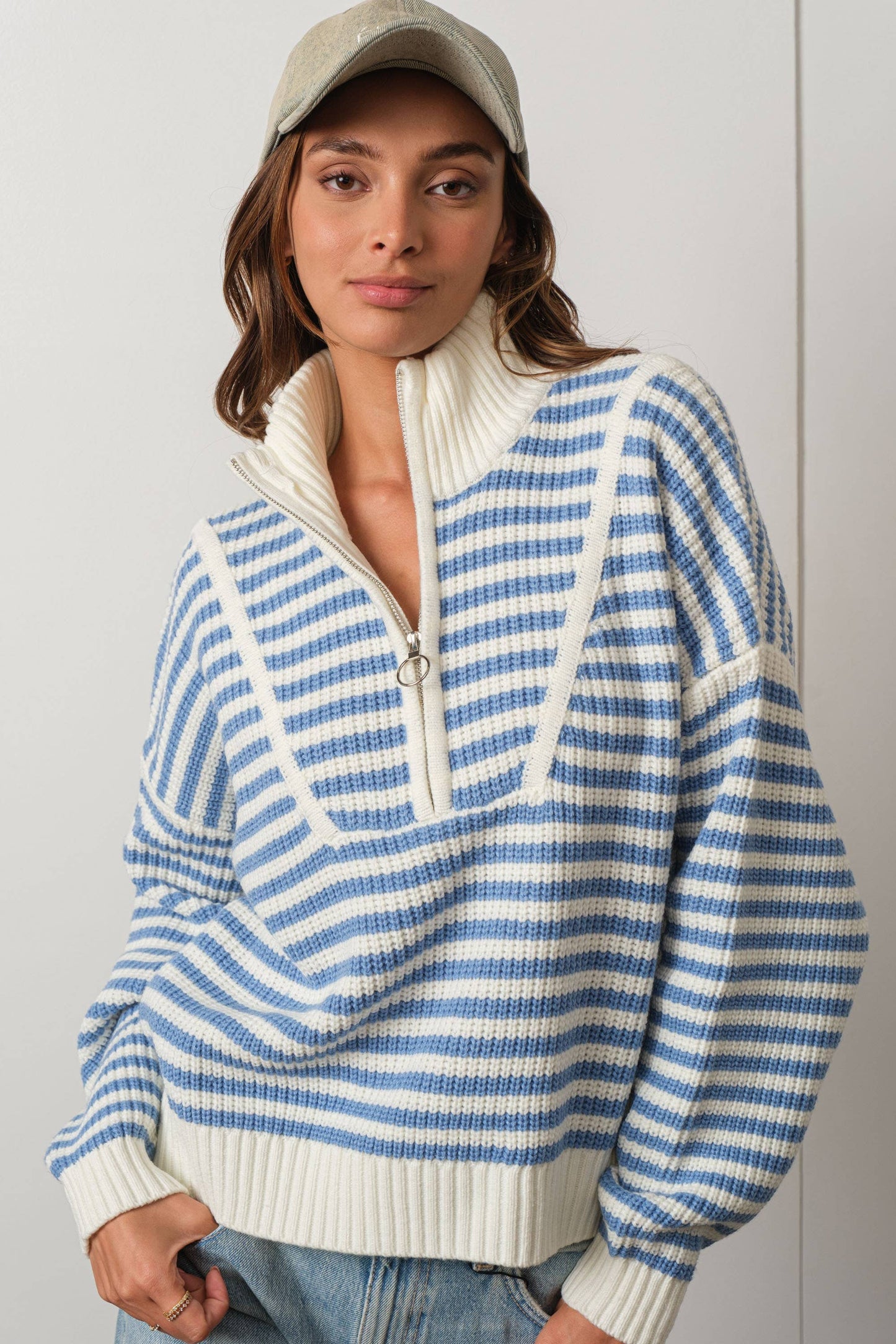 Preppy Californian Half-zip Striped Sweater-BLUE: BLUE / L