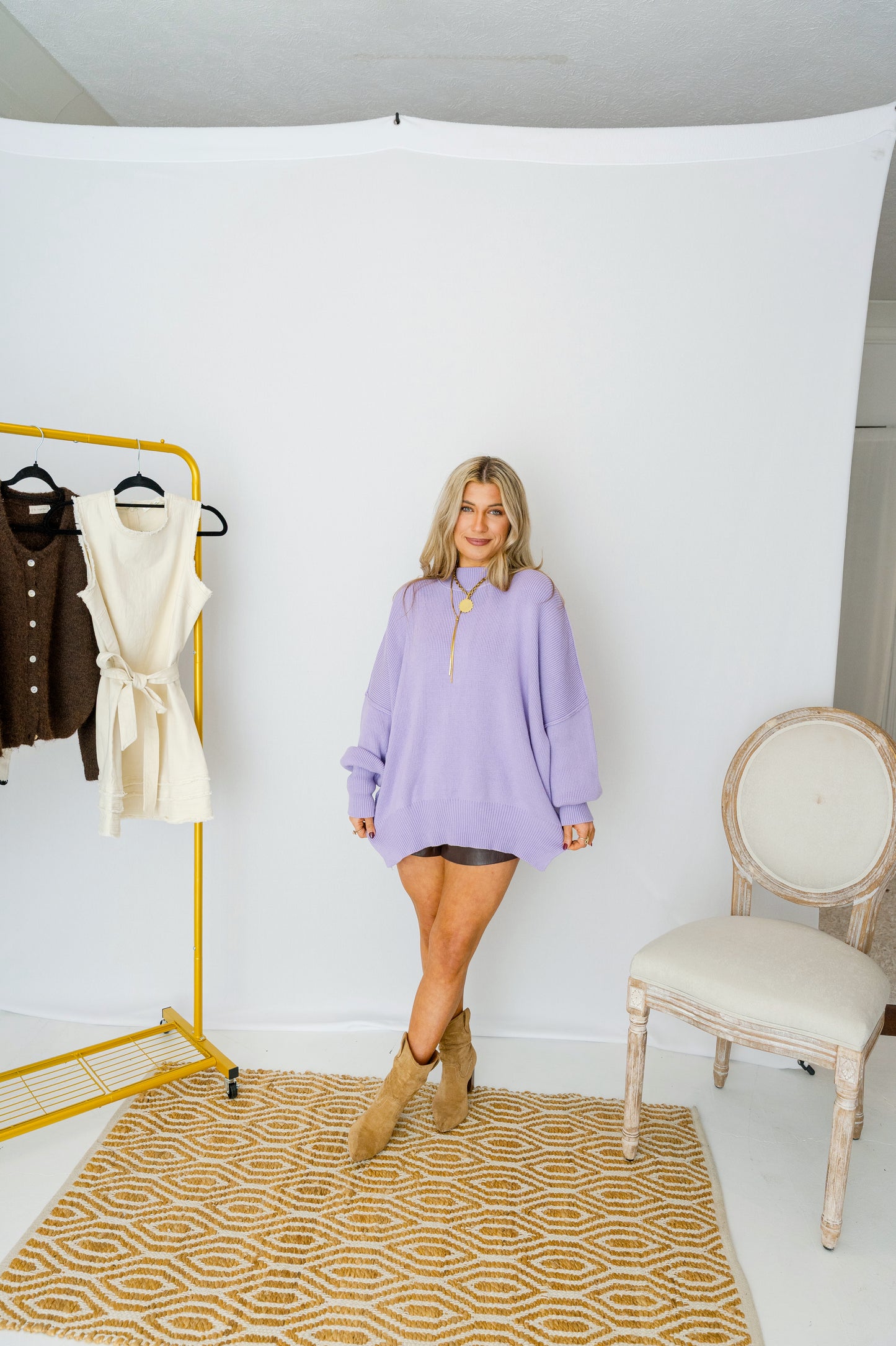 Lavender Side Slit Oversized MockNeck Sweater