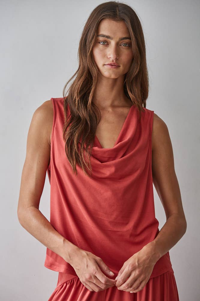 L9178T | Knit Polyester Spandex Sleeveless Cowl Neck Top: Dusty Red / L