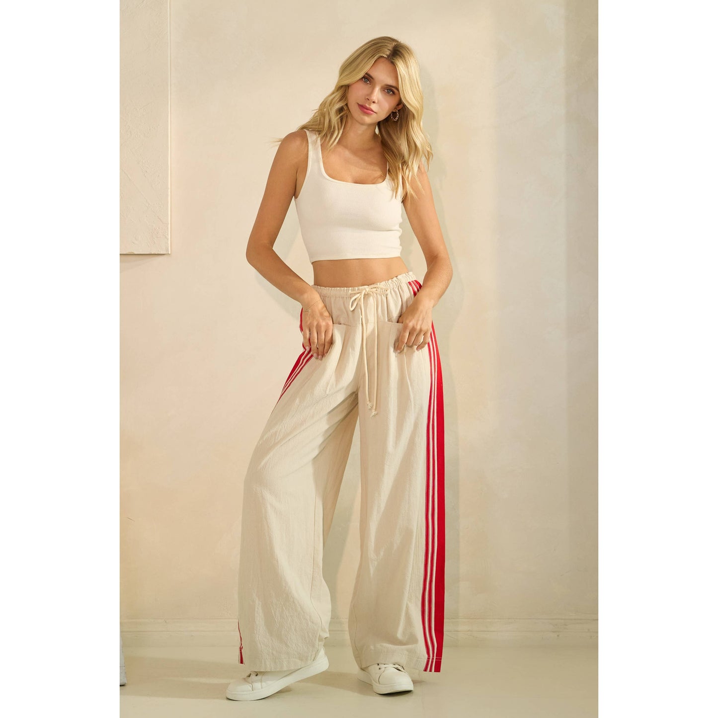 Sport Striped Wide Legged Pants: Ivory / S
