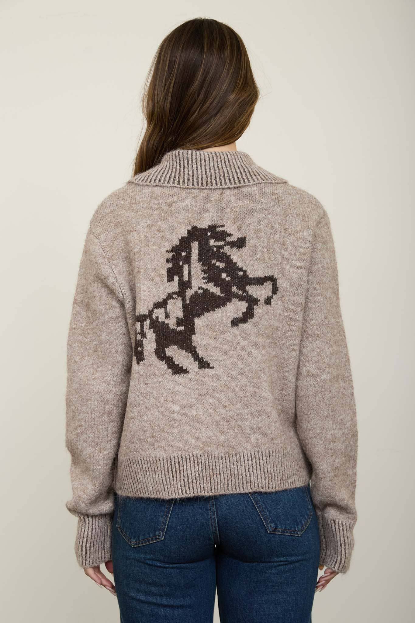 WESTERN JACQUARD COLLARED ZIP-UP KNIT CARDIGAN: LIGHT BROWN MULTI