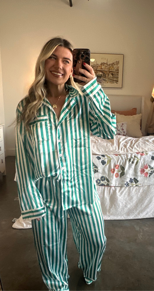 Green Home for Christmas Vertical Striped Christmas Pajama Set