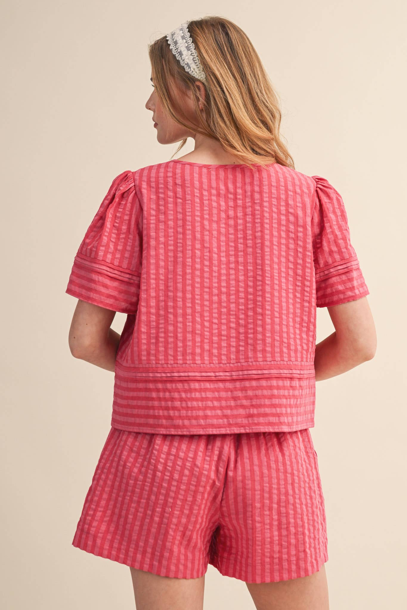 STRIPED BUTTON UP TOP AND SHORTS SET MPST4488: PINK RASPBERRY STRIP / S
