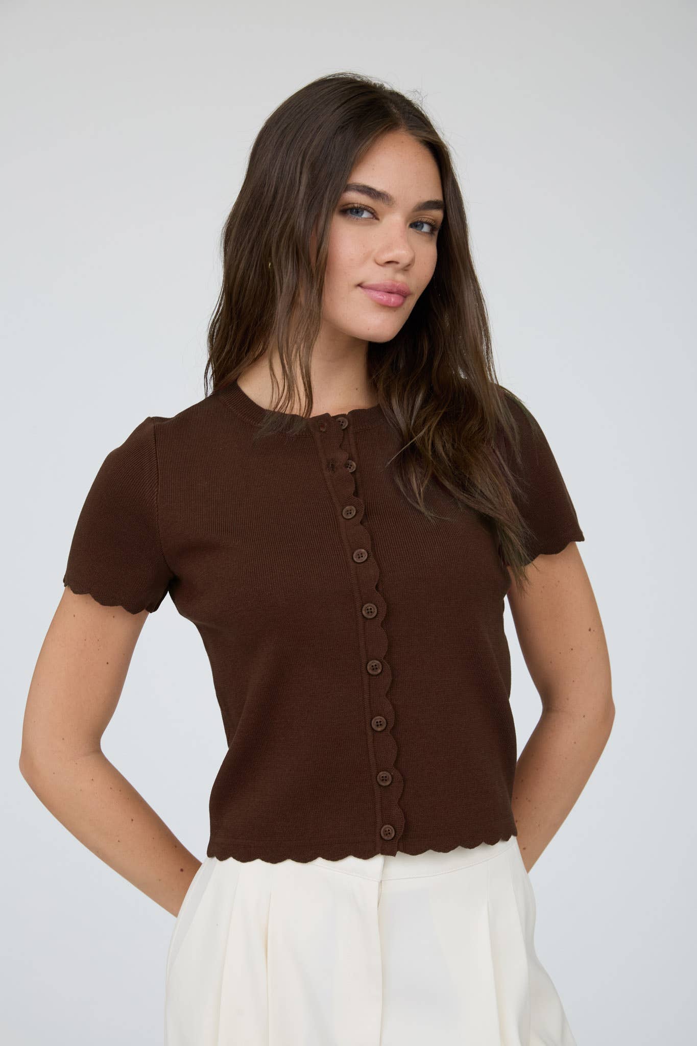 SCALLOPED SHORT SLEEVE BUTTON DOWN KNIT CARDIGAN : DUSTY BLUE