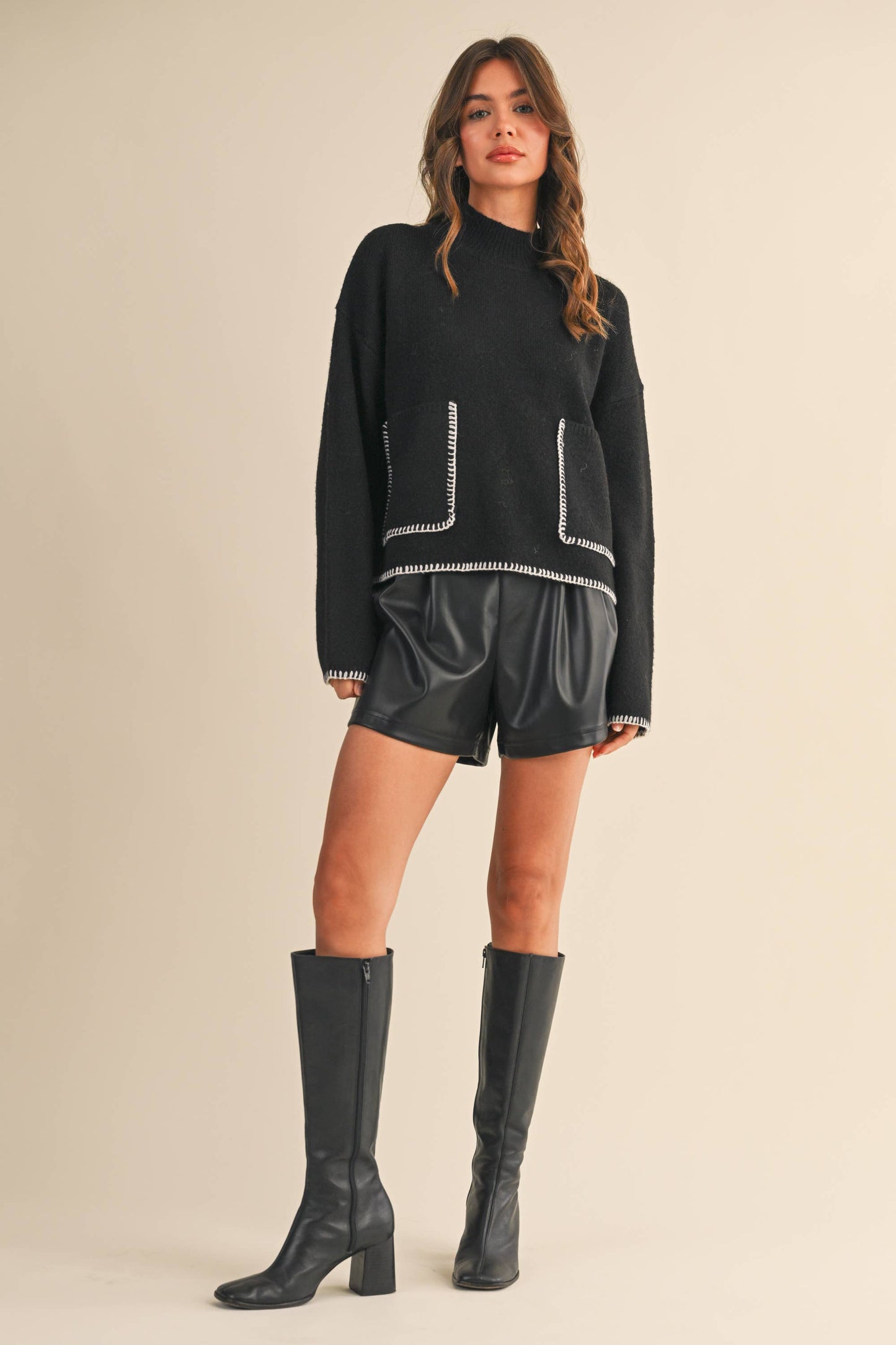 IT4414 MOCK NECK SWEATER TOP WITH FRONT POCKETS: IVORY / L