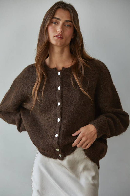 W2291 | Knit Sweater Round Neck Long Sleeve Cardigan Top: Dark Chocolate / S