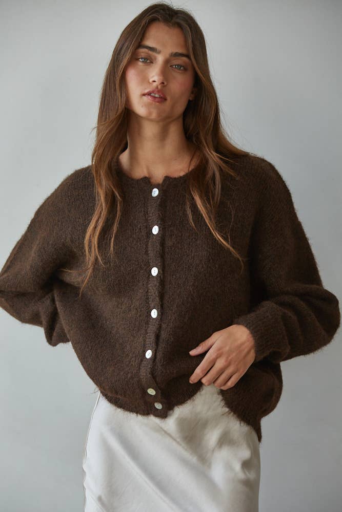 W2291 | Knit Sweater Round Neck Long Sleeve Cardigan Top: Dark Chocolate / L