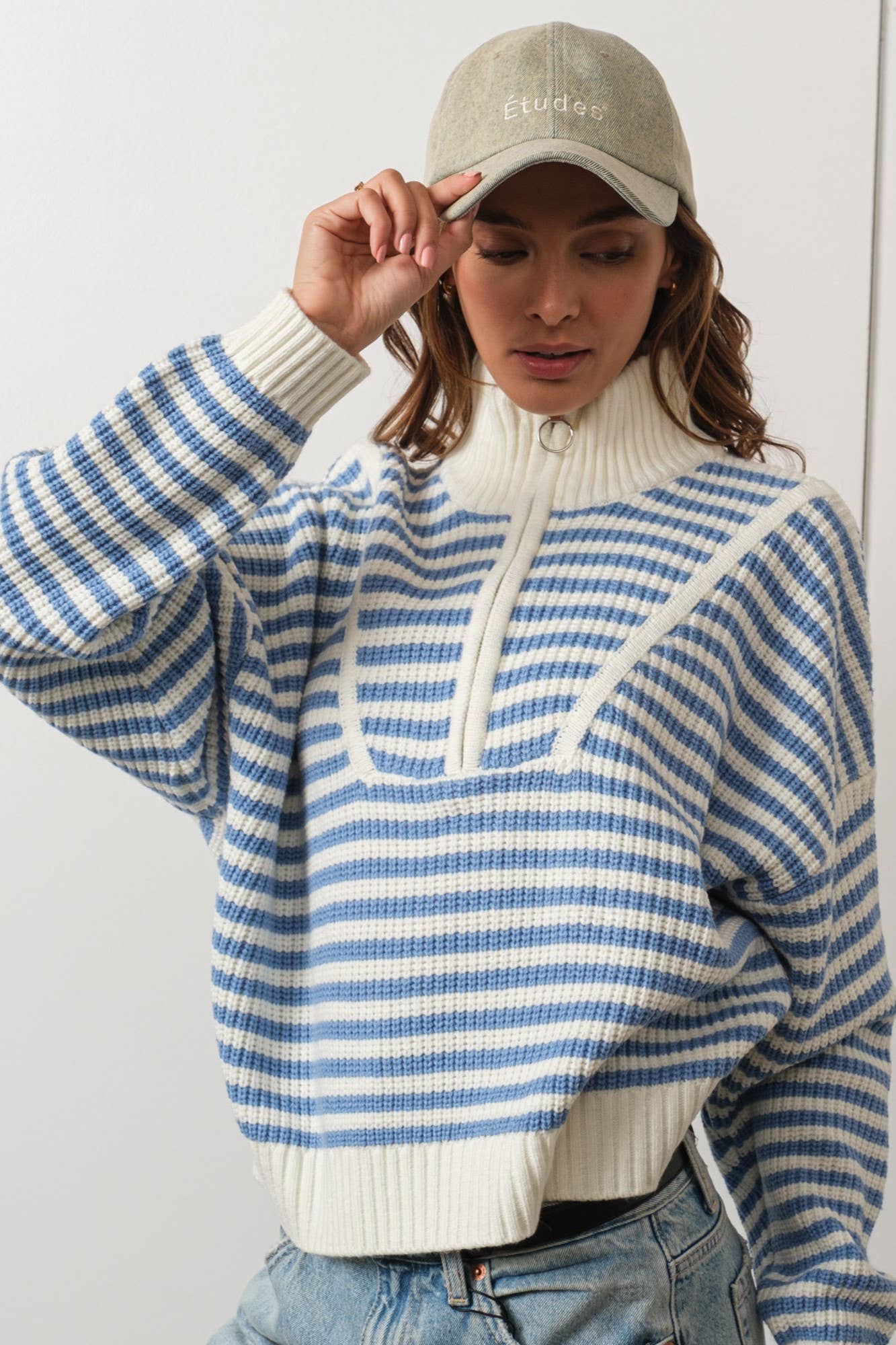Preppy Californian Half-zip Striped Sweater-BLUE: BLUE / S