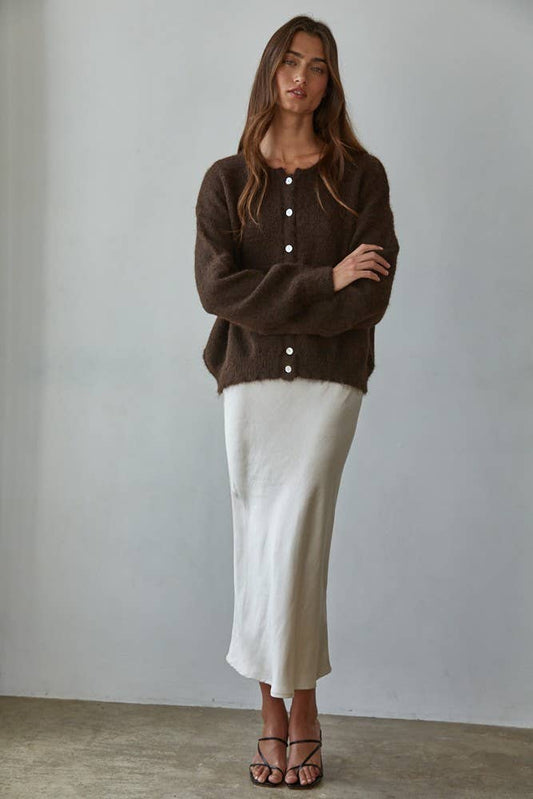 W2291 | Knit Sweater Round Neck Long Sleeve Cardigan Top: Dark Chocolate / M