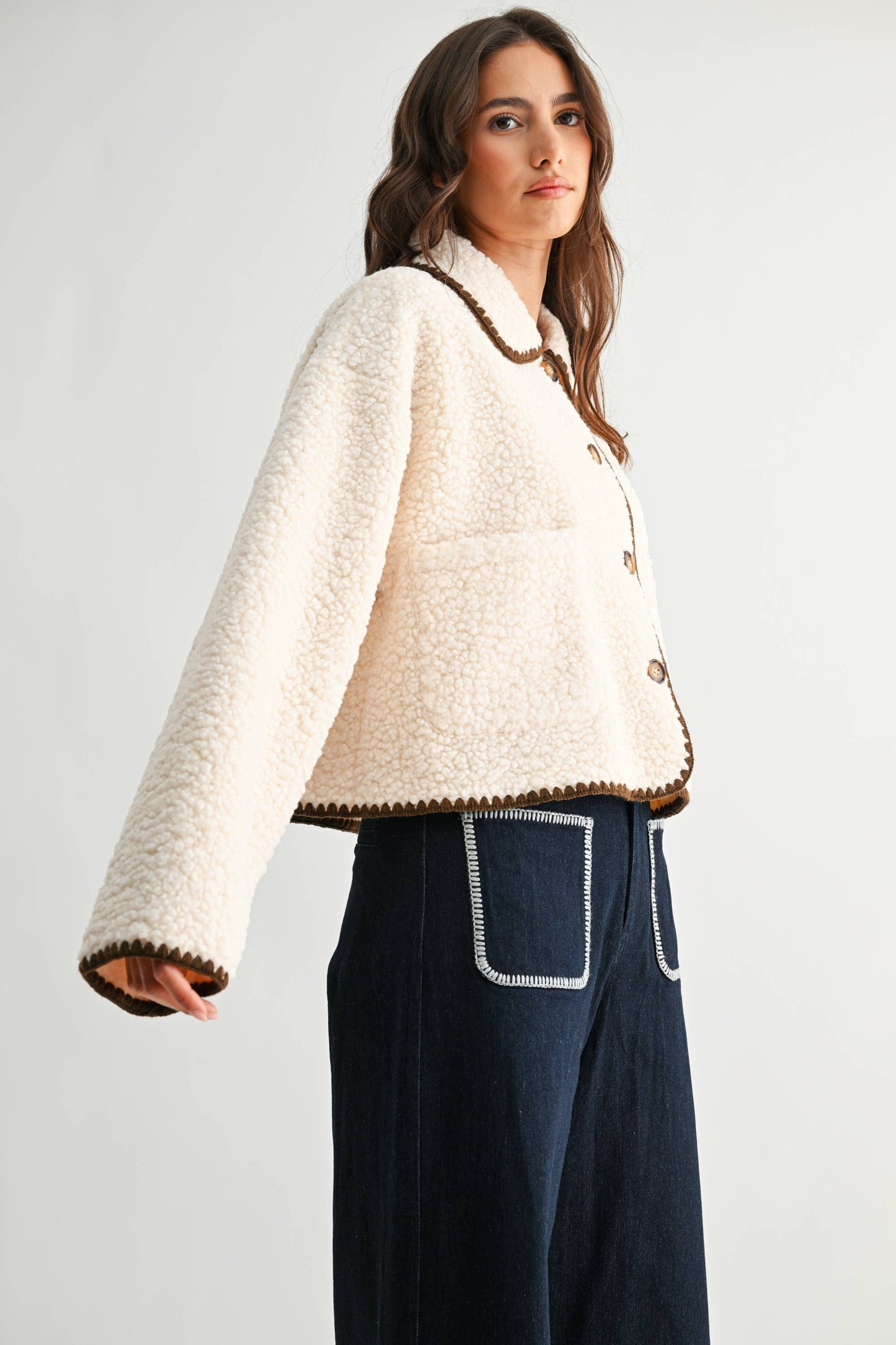 CONTRAST TRIM SHERPA JACKET - CJ25550: CREAM/BROWN / S-M-L (3-2-1)