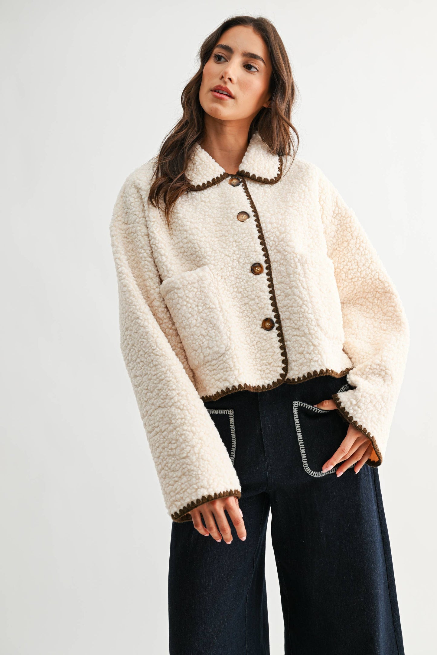 CONTRAST TRIM SHERPA JACKET - CJ25550: CREAM/BROWN / S-M-L (3-2-1)