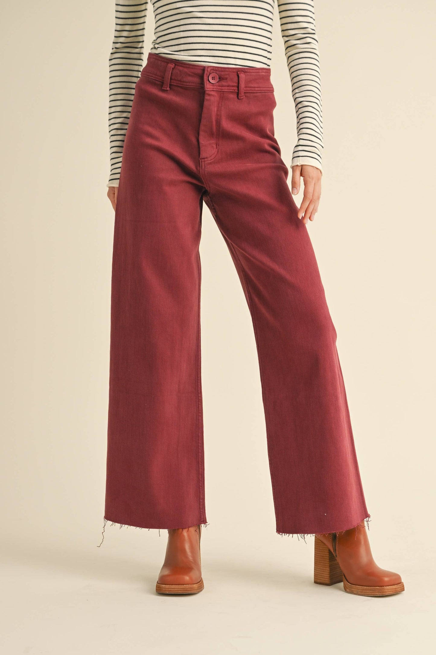 MMP623   STRAIGHT WIDE LEG DENIM PANTS: MAROON / S