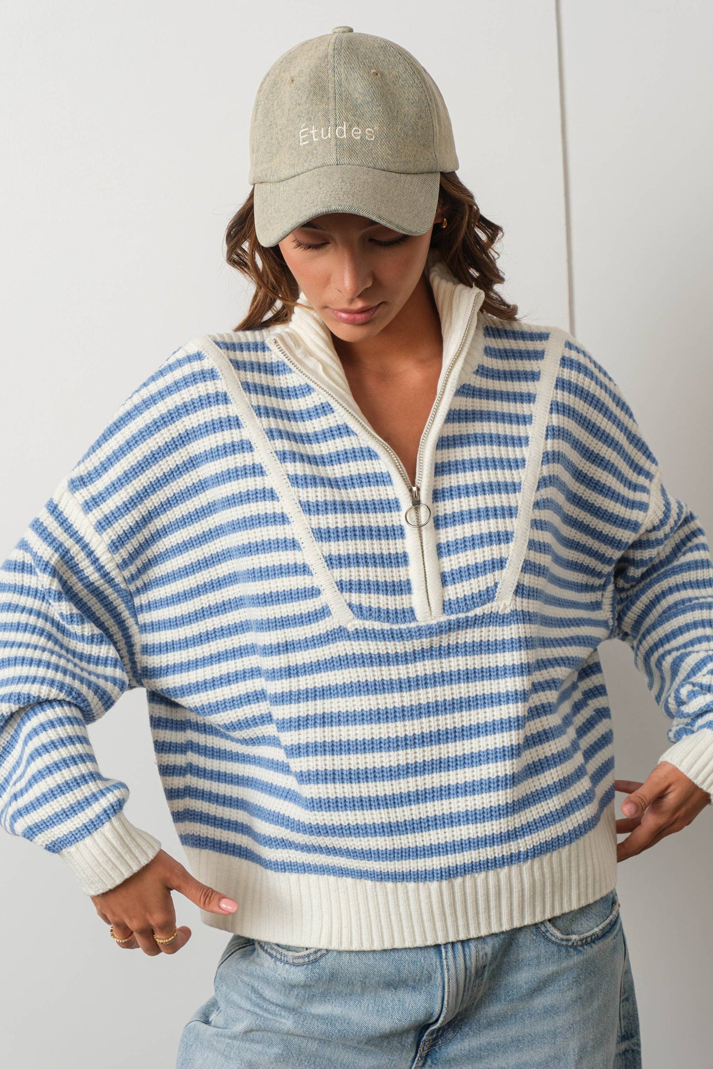 Preppy Californian Half-zip Striped Sweater-BLUE: BLUE / M