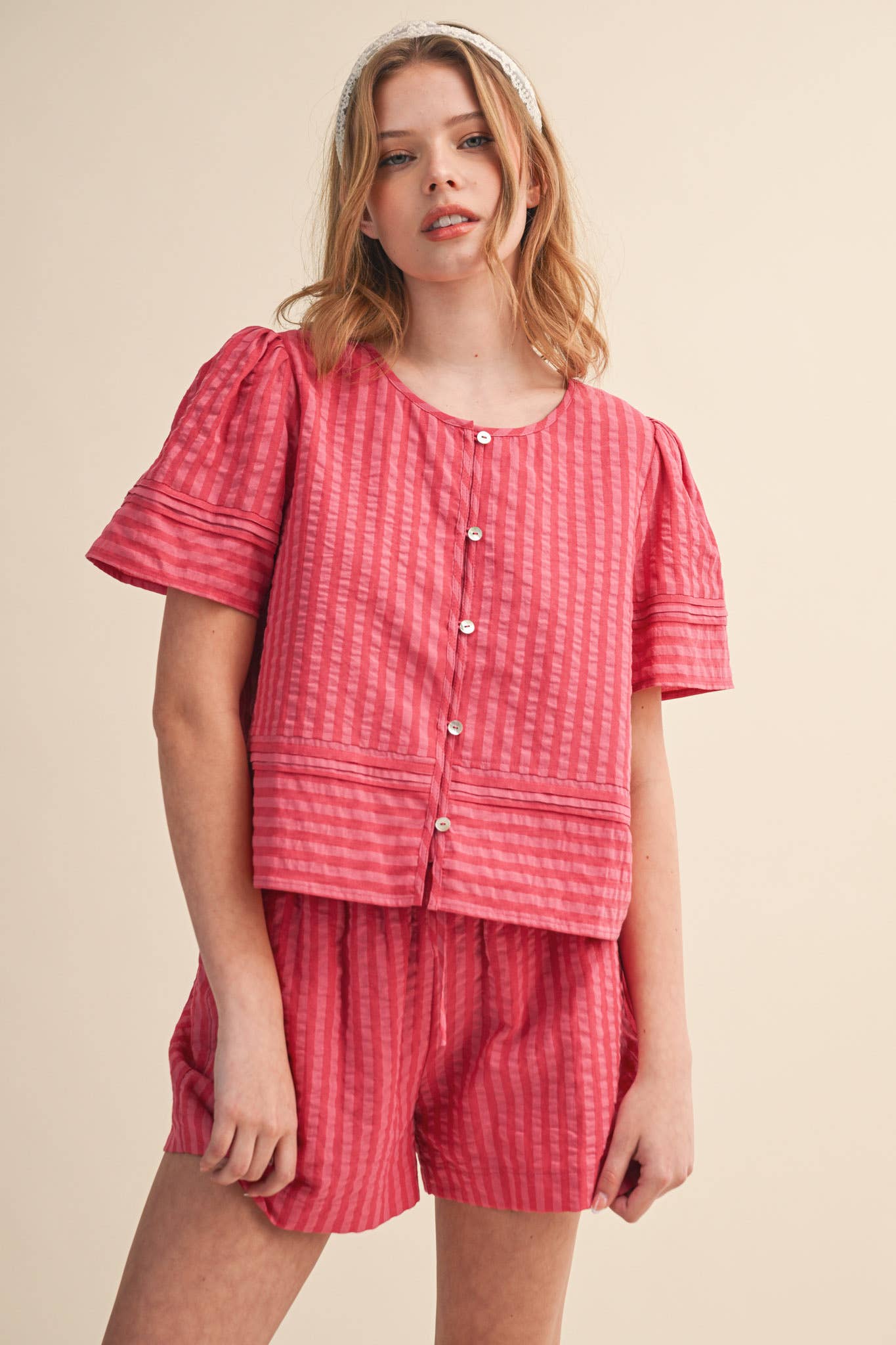 STRIPED BUTTON UP TOP AND SHORTS SET MPST4488: PINK RASPBERRY STRIP / L