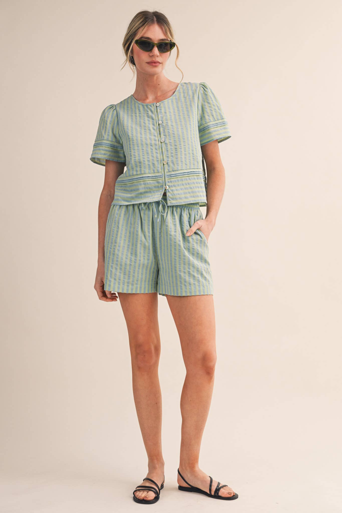 STRIPED BUTTON UP TOP AND SHORTS SET MPST4488: PINK RASPBERRY STRIP / S