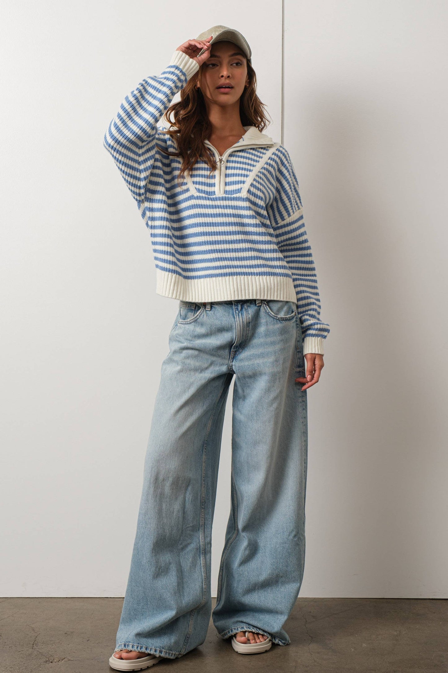 Preppy Californian Half-zip Striped Sweater-BLUE: BLUE / L
