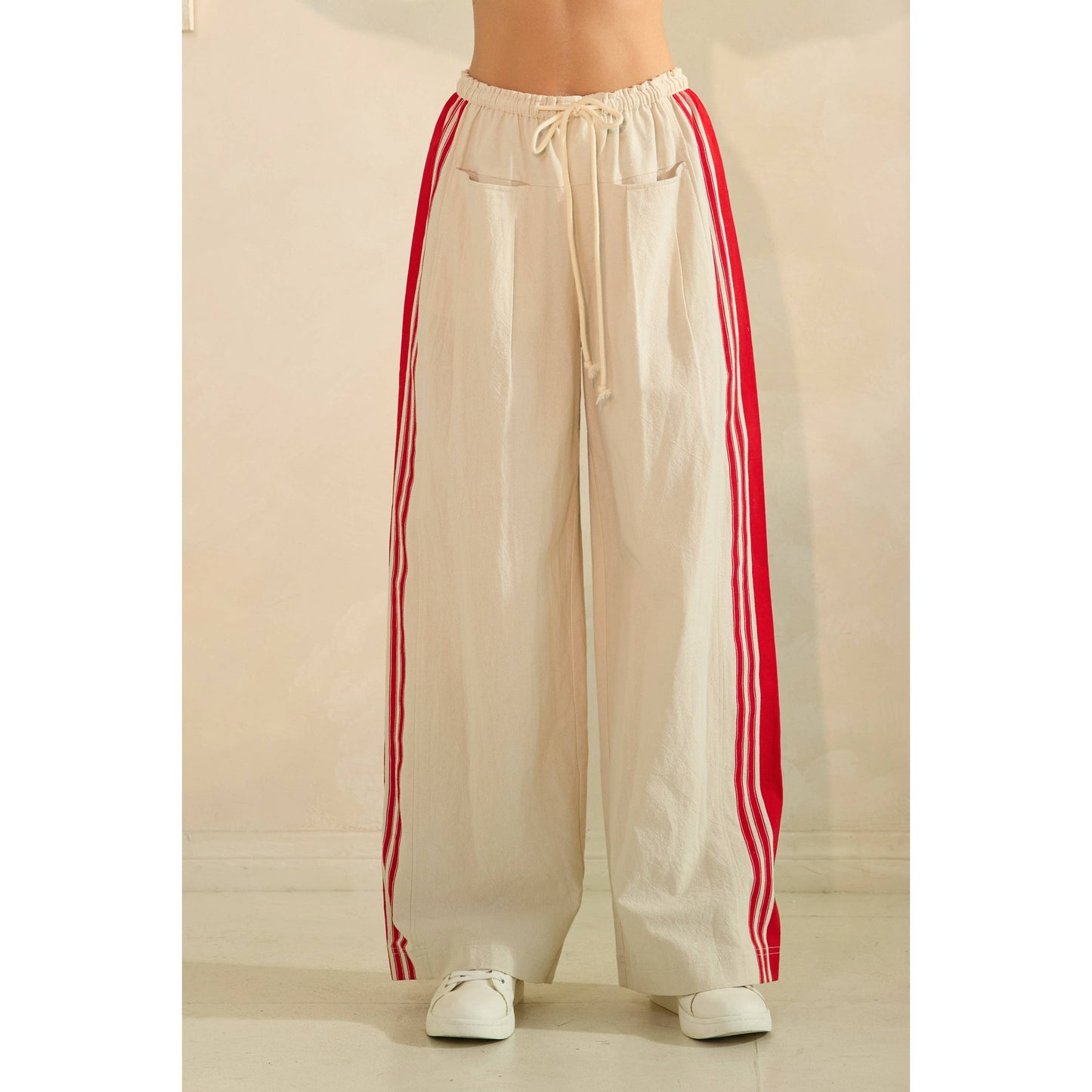 Sport Striped Wide Legged Pants: Ivory / M