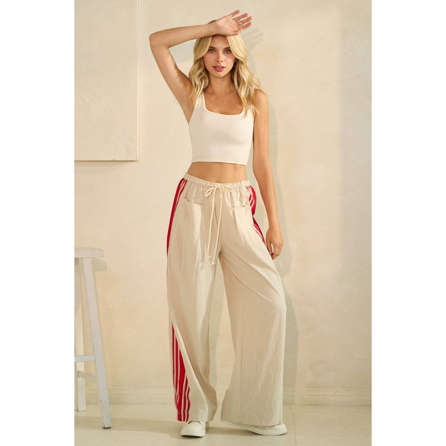 Sport Striped Wide Legged Pants: Ivory / M