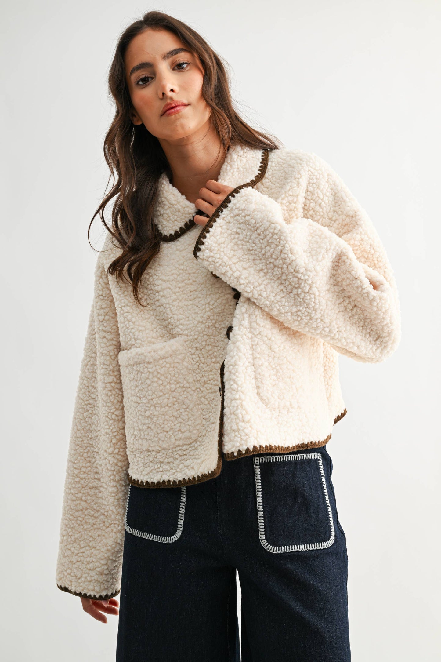 CONTRAST TRIM SHERPA JACKET - CJ25550: CREAM/BROWN / S-M-L (3-2-1)