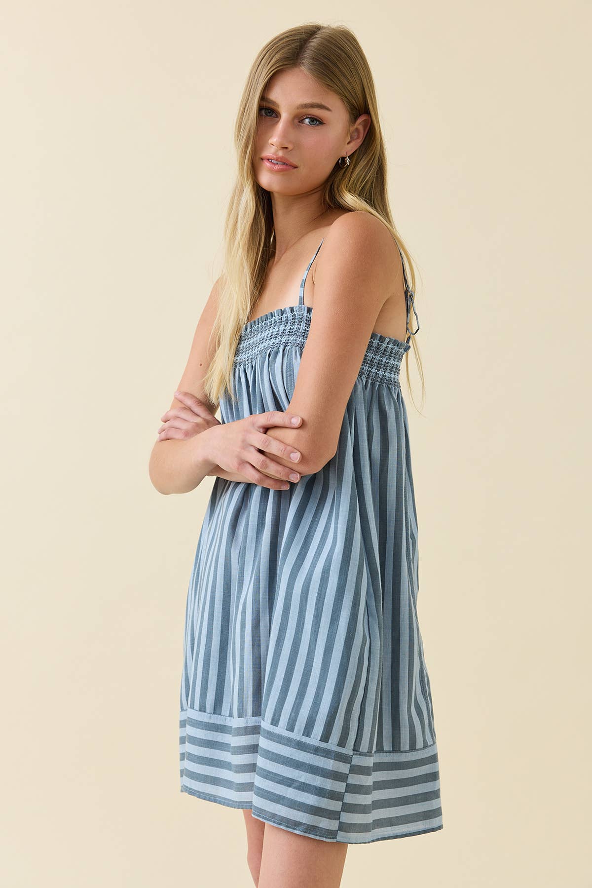Smocked Stripe Cami Dress - RD1387: BLUE STRIPE / S-M-L (3-2-1)