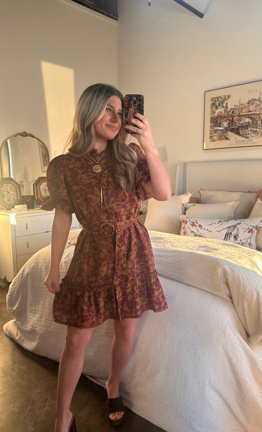 Autumn Leaves Printed Puff Sleeve With Matching Belt Mini Dress