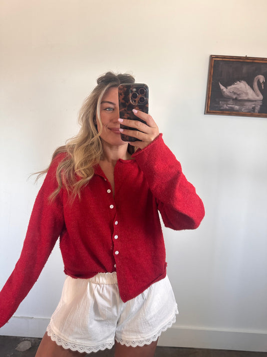 Monroe Button Down Knit Cardigan- Red
