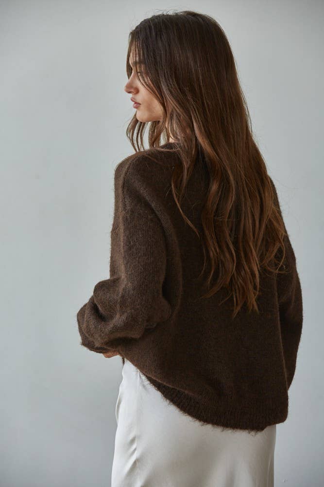 W2291 | Knit Sweater Round Neck Long Sleeve Cardigan Top: Dark Chocolate / L