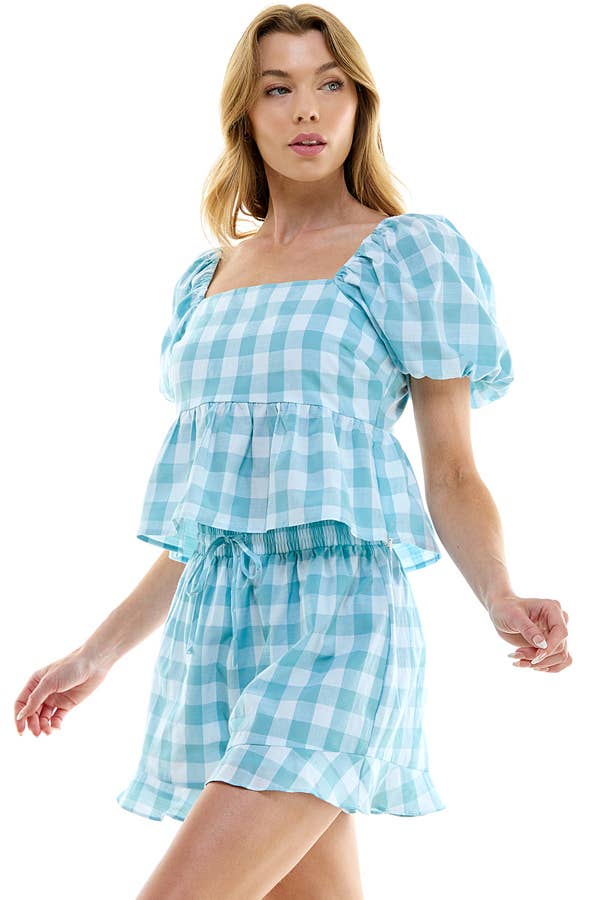 GINGHAM PUFF SLEEVE PEPLUM TOP: L