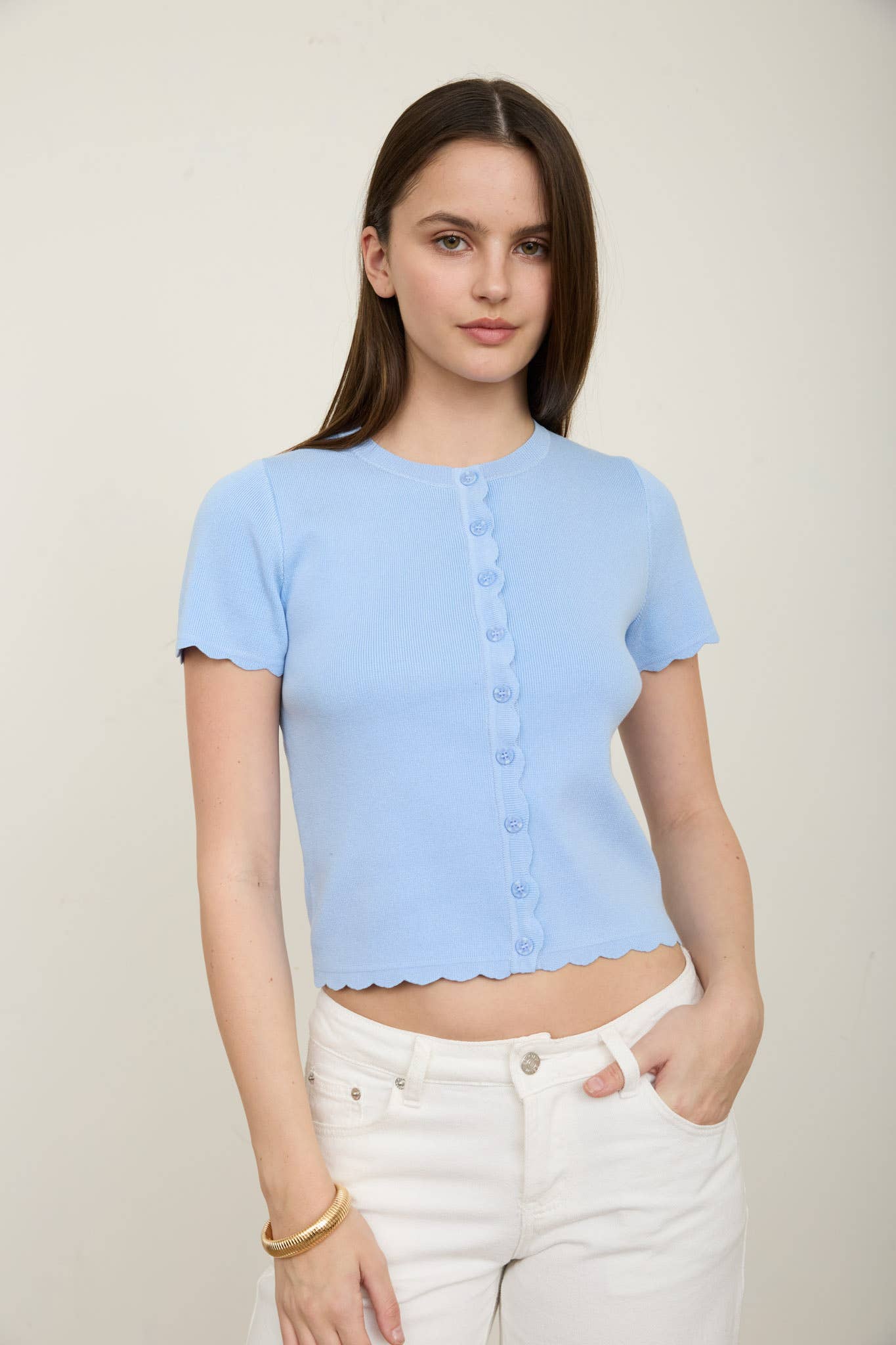 SCALLOPED SHORT SLEEVE BUTTON DOWN KNIT CARDIGAN : IVORY