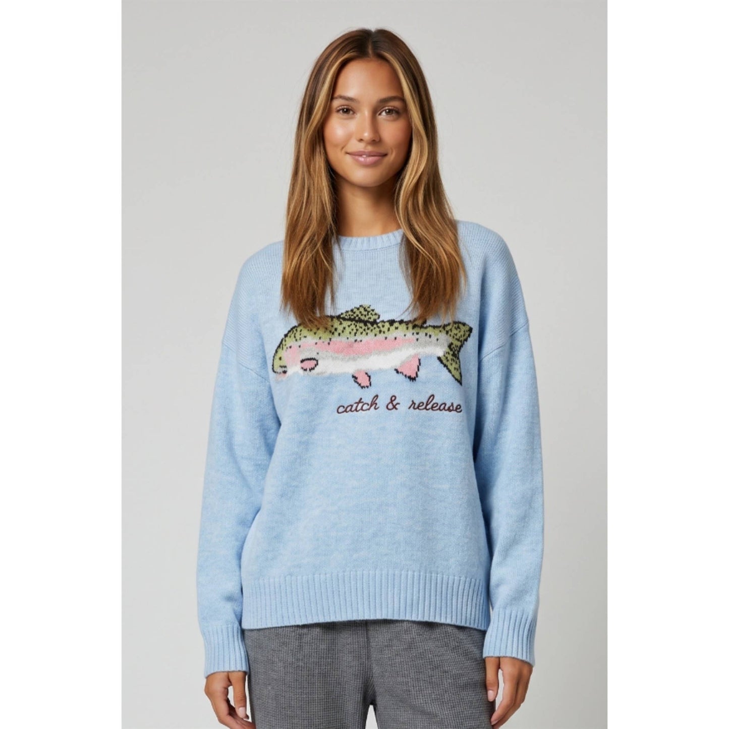 TF26-0628 - Fish sweater with "catch & release" embroidery: OFF WHITE / S-M-L(3-2-1)